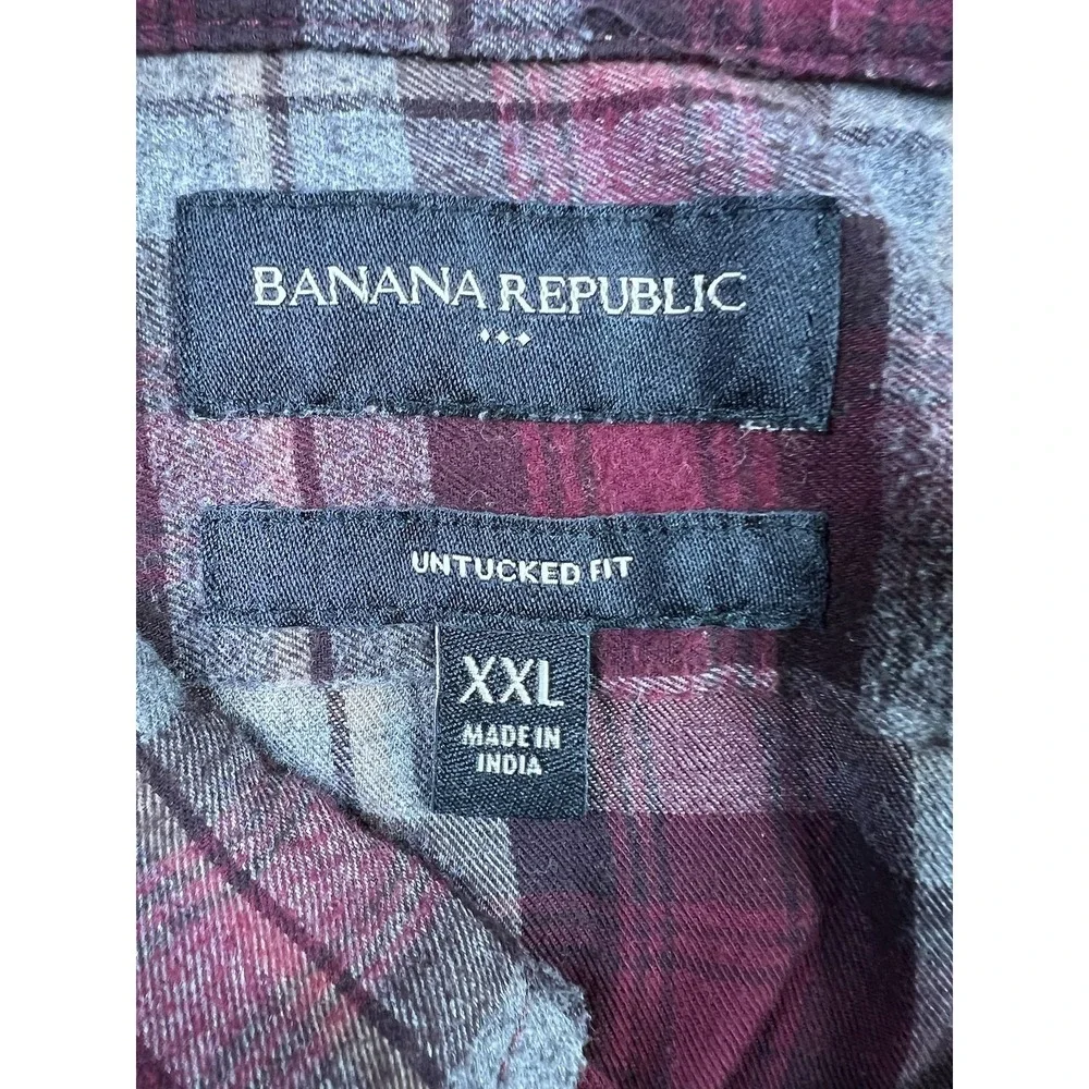 Banana Republic Shirt Mens 2XL‎ Red Gray Plaid Slim Untucked Fit Fall 2022